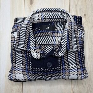 C&A Mens Heavyweight Flannel Shirt Size Small Blue/Cream Plaid Cotton Blanket